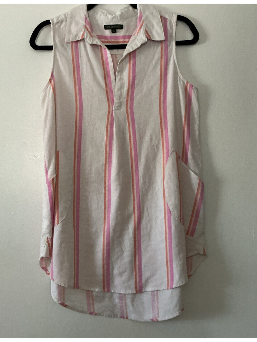 For Cynthia M Top Linen Sleeveless White Pink Orange Striped Resort Wear Spa